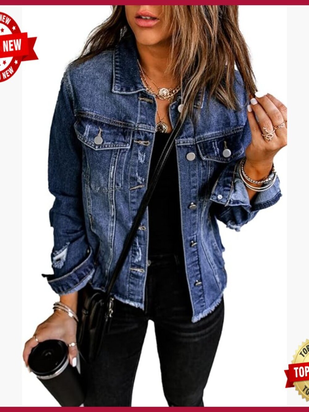 Distressed Denim Jacket Boyfriend Fit Button Up With Pockets